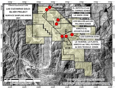 Terreno Resources Reports Precious Metals Values up to 22.8 g/t Gold and 1,056.0 g/t Silver at the Las Cucharas Gold and Silver Project in Nayarit, Mexico